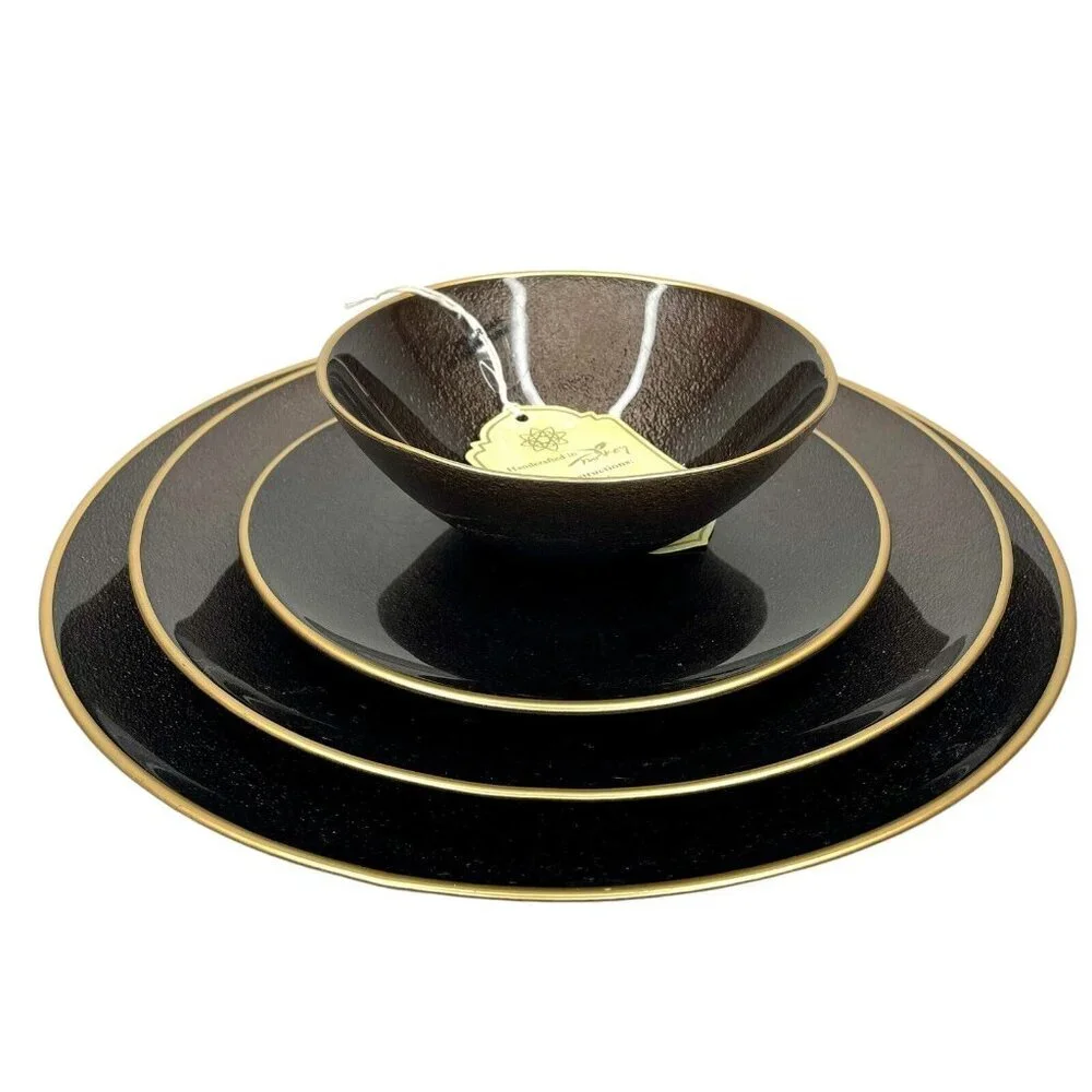 Turkish Glass 4 Charger Plates Set Brown Textured Gold Rim 13